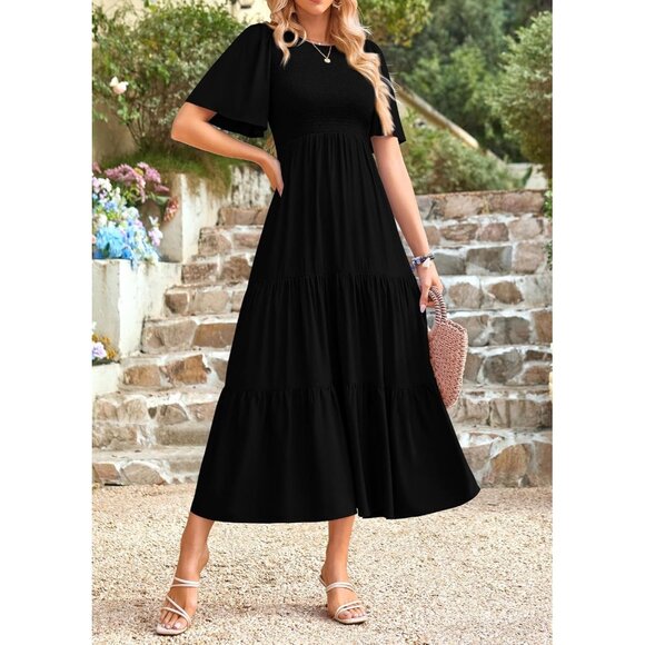 Women's Flowy Midi Dress Viscose Short Sleeve Smocked Tiered Casual Wear - Picture 4 of 5